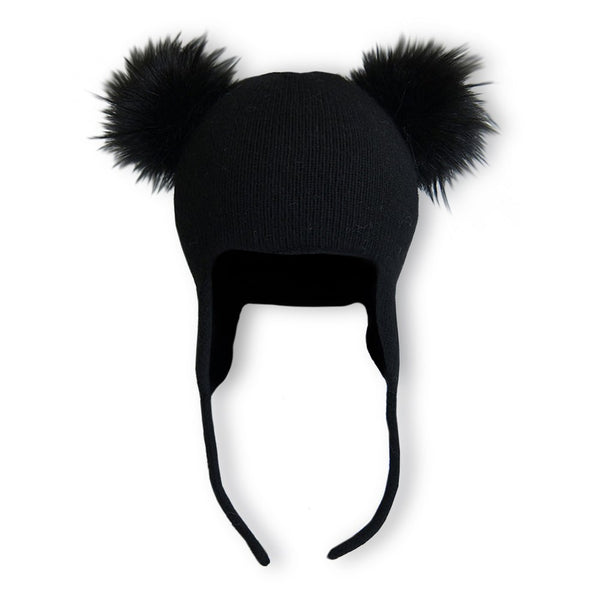 Lox Lion Double Pom Pom Knitted Winter Toque with Ear Flaps - Black (0-12 Months)