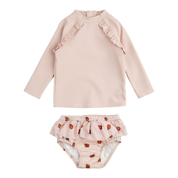 Petit Lem Long Sleeve Rashguard Set with Swim Diaper in Rose/Ladybug Print
