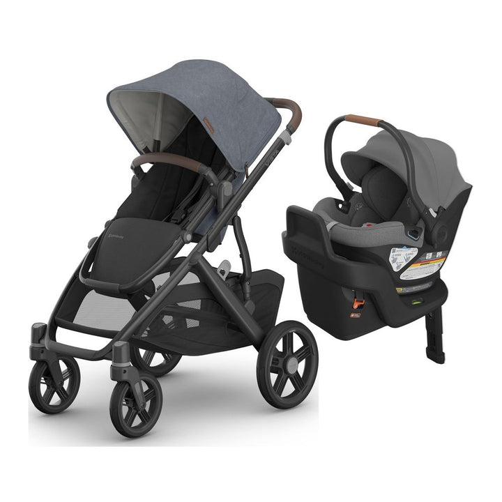 UPPAbaby Vista V3 + Aria Travel System Julian (Dusty Blue Melange on Carbon Frame) Greyson (Grey Melange)