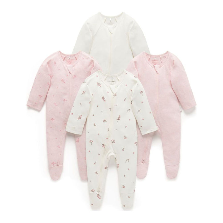 Purebaby 4-Pack Organic Cotton Zip Growsuit Vanilla Blossom 0-3 Months
