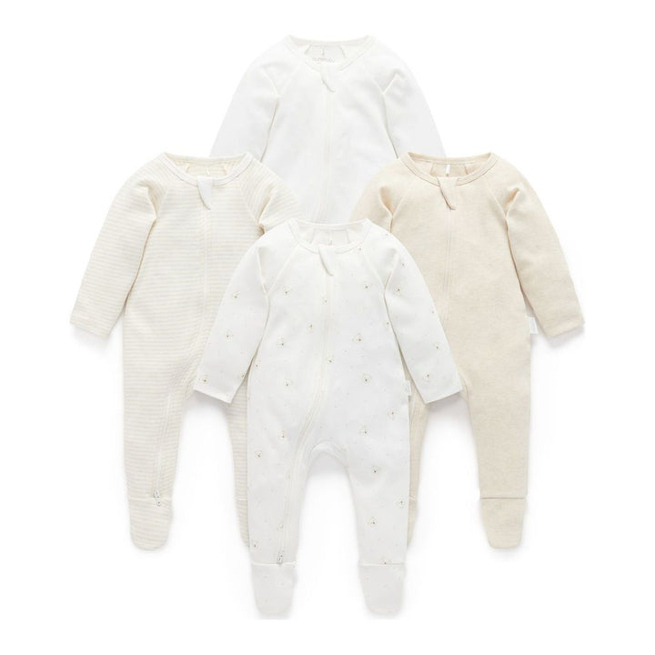 Purebaby 4-Pack Organic Cotton Zip Growsuit Vanilla Bear 3-6 Months