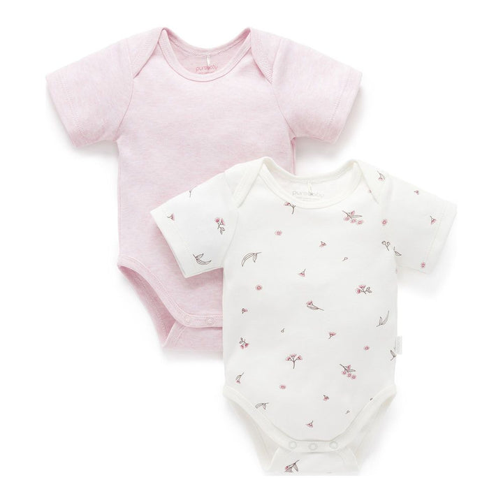 Purebaby 2-Pack Organic Cotton Easy Neck Short Sleeve Bodysuit Blossom Pale Pink Melange 6-12 Months