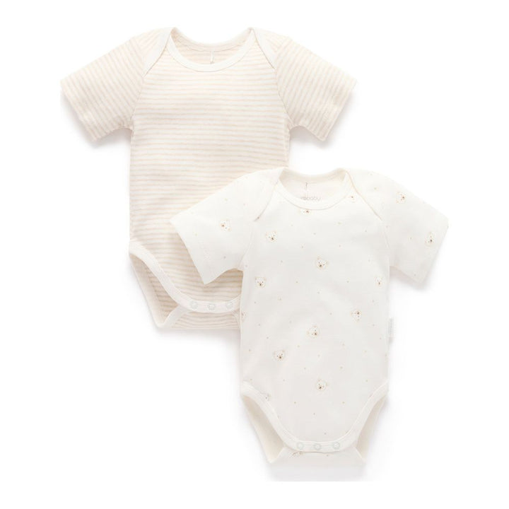 Purebaby 2-Pack Organic Cotton Easy Neck Short Sleeve Bodysuit Vanilla Bear 6-12 Months