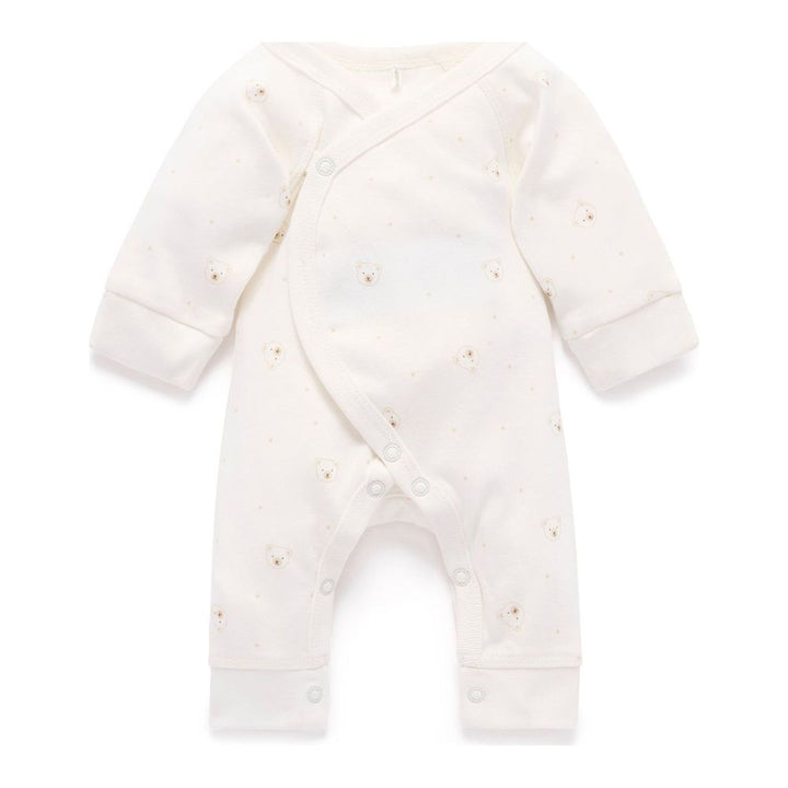 Purebaby Organic Cotton Premie Crossover Long Sleeve Growsuit Vanilla Bear Up to 3kg