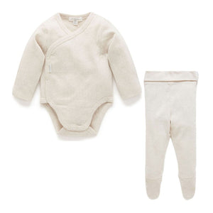 Purebaby 2-Pack Organic Cotton Pointelle Long Sleeve Wrap Bodysuit and Leggings Set Wheat Melange Newborn