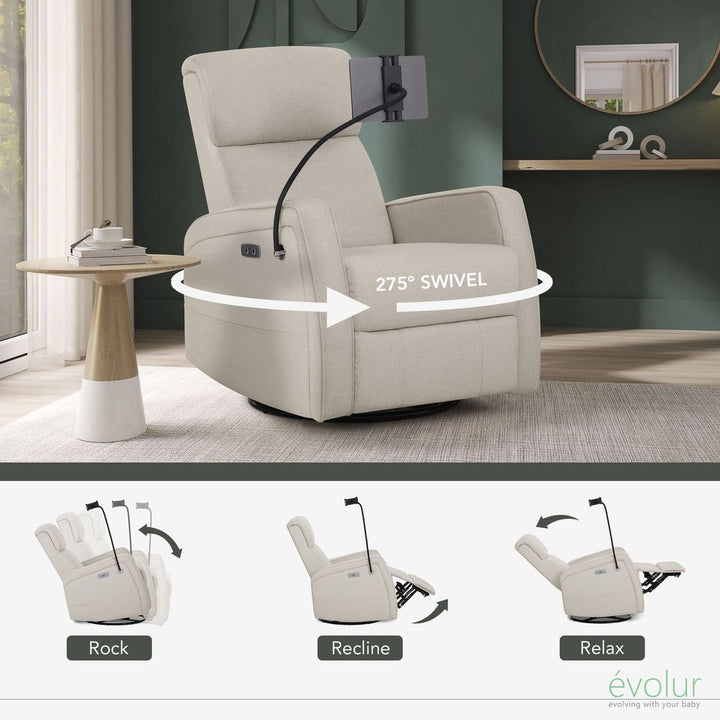 Evolur Lorene Power Recline Glider with Swivel Base and Device Holder