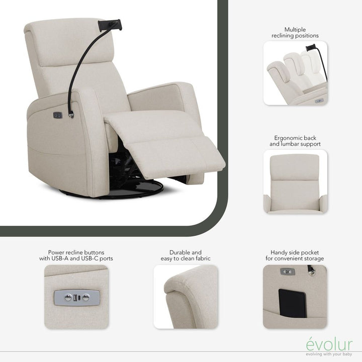 Evolur Lorene Power Recline Glider with Swivel Base and Device Holder