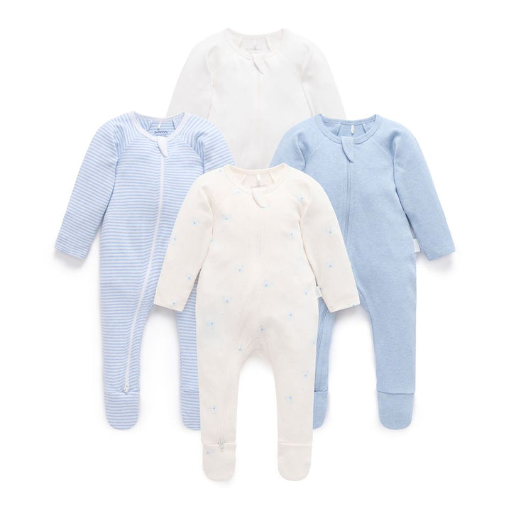 Purebaby 4-Pack Organic Cotton Zip Growsuit Pale Blue Bear