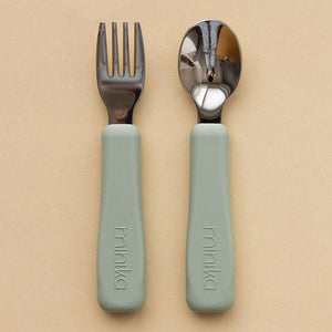 Minika Stainless Steel & Silcone Fork and Spoon Set Sage