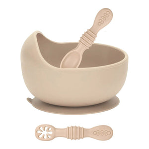 Baby Bliss Silicone Suction Bowl & Infant Training Spoons Set Almond