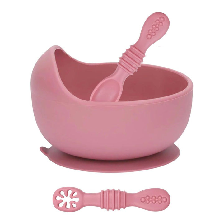 Baby Bliss Silicone Suction Bowl & Infant Training Spoons Set Dusty Rose