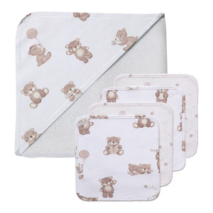 Living Textiles 5-Piece Hooded Towel and Washcloths Gift Set - Cuddly Bear