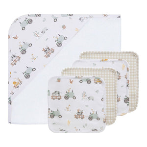 Living Textiles 5-Piece Hooded Towel and Washcloths Gift Set - Tractor Ride