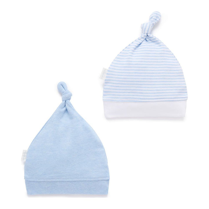 Purebaby 2-Pack Organic Cotton Knot Hat Pale Blue Melange Stripe XS (3-6 Months)