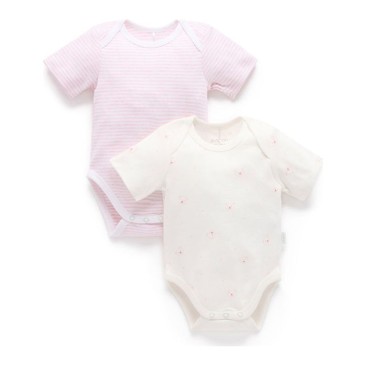Purebaby 2-Pack Organic Cotton Easy Neck Short Sleeve Bodysuit Pale Pink Bear 3-6 Months