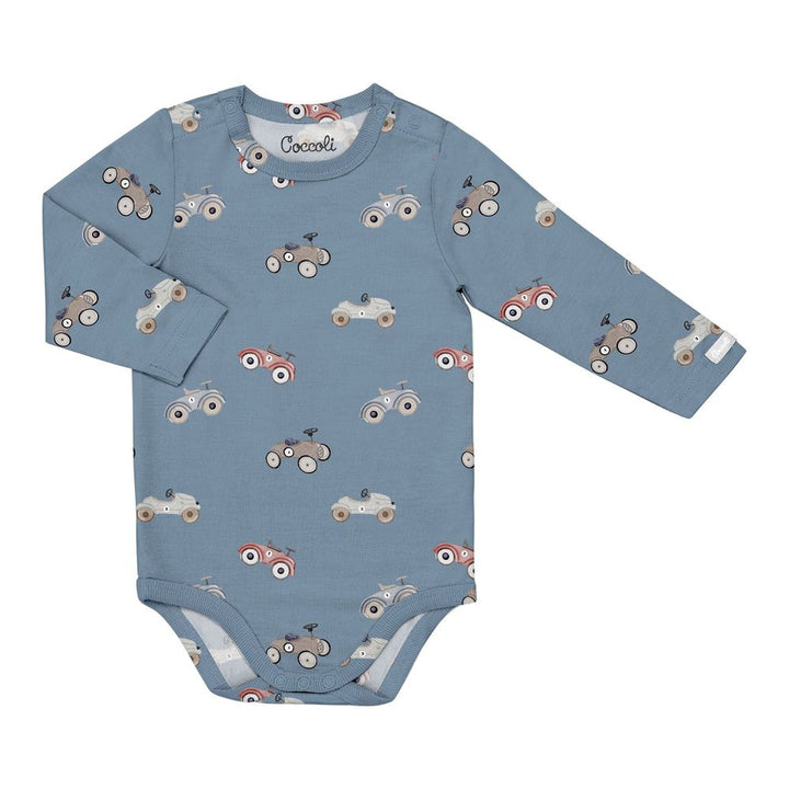 Coccoli Tencel Modal Romper - Cars on Steel Blue 1 Month
