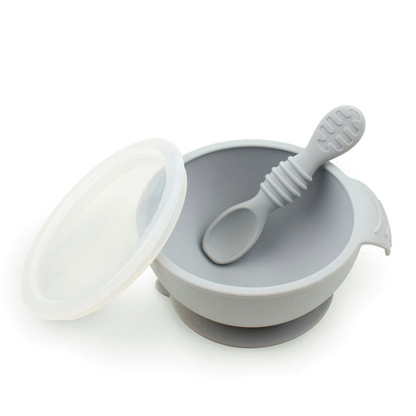 Bumkins Silicone First Feeding Set with Lid & Spoon - Grey