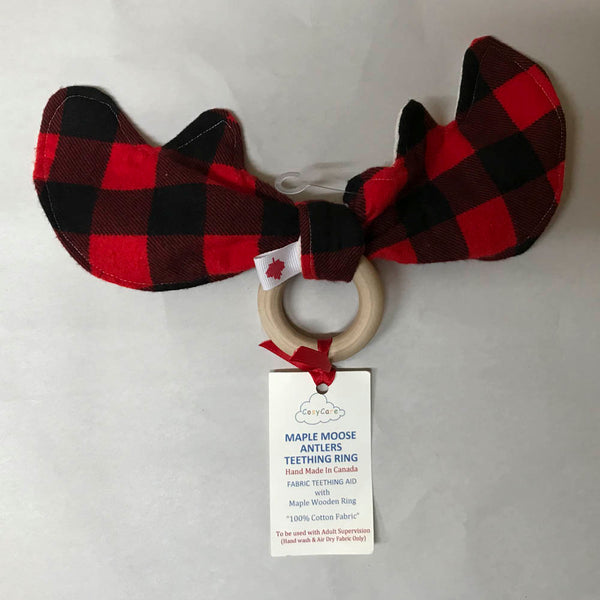 Cosy Care Maple Moose Antlers Teething Ring - Black & Red Checkered