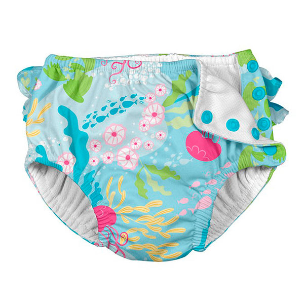 iPlay Ruffle Snap Reusable Absorbent Swimsuit Diaper - Aqua Coral Reef (6 Months)