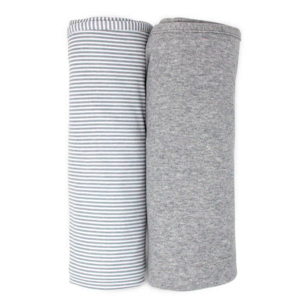 Living Textiles Cotton Jersey Swaddle Blanket 2-Pack Set - Grey Marl + Grey Heathered Stripes