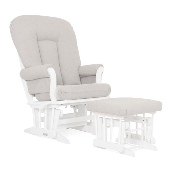 Dutailier Classic Wooden Glider (84B) with Gliding Ottoman - Light Grey on White Wood Finish (71876) (Floor Model)