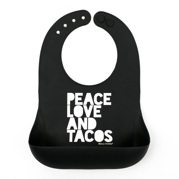 Bella Tunno Silicone Wonder Bib - Peace, Love, and Tacos in Black