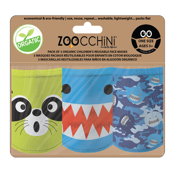 Zoocchini 3-Pack Organic Reusable Kids Masks - Shark (3 Years+)