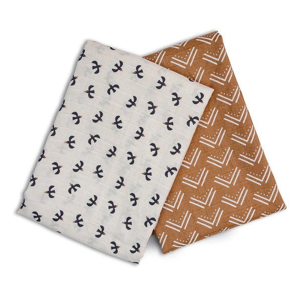 Lulujo Cotton Swaddle Blanket 2-Pack Set - Mudcloth/Black Birds