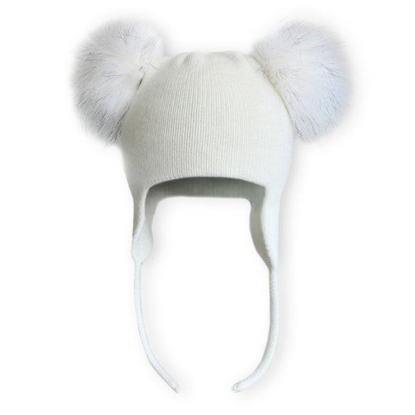 Lox Lion Double Pom Pom Knitted Winter Toque with Ear Flaps - White (0-12 Months)