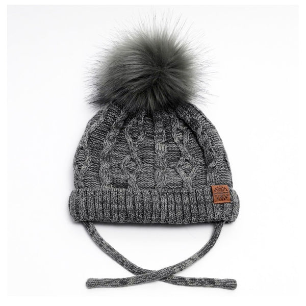 Calikids Cotton Knit Pompom Baby Hat - Charcoal (Small, 3-9 Months)