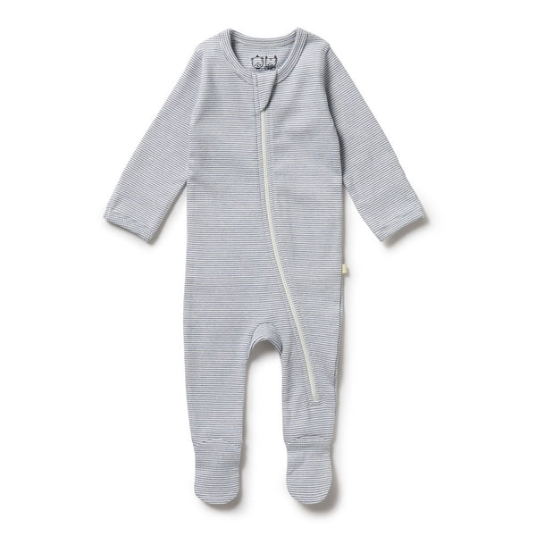 Wilson+Frenchy Organic Cotton Striped Long Sleeve Footed Sleeper - Rain Drop (0-3 Months, 4-6 Kg)