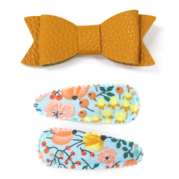 Lox Lion 3-Pack Faux Leather Bow and Cotton Barrette - Mustard/Blue Floral