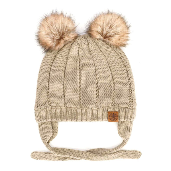 Calikids Cotton Knit Pom Pom Baby Winter Hat - Beige(Extra Small, 0-3 Months)