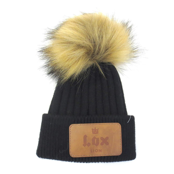Lox Lion Single Pom Pom Angora Wool Winter Baby Toque - Black (Small, 0-12 Months)