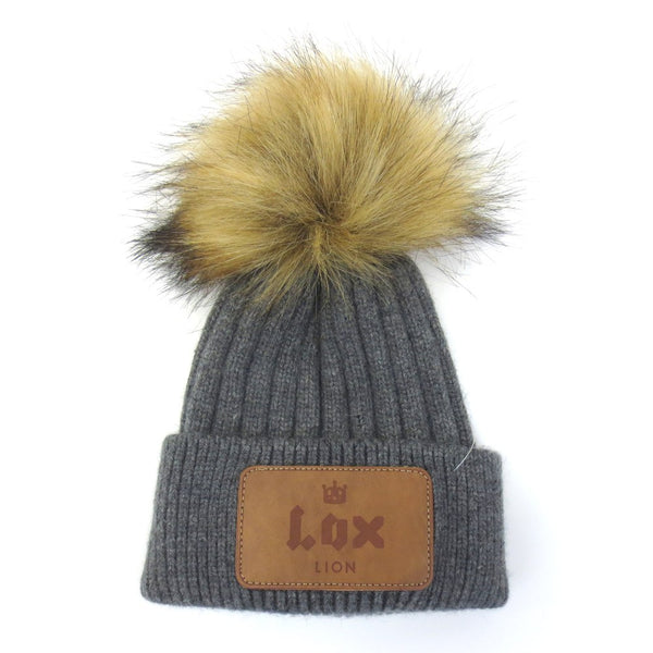 Lox Lion Single Pom Pom Angora Wool Winter Baby Toque - Charcoal (Small, 0-12 Months)
