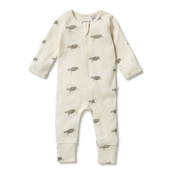 Wilson+Frenchy Organic Cotton Pointelle Zipsuit with Feet - Tiny Turtle (0-3 Months, 4-6 Kg)