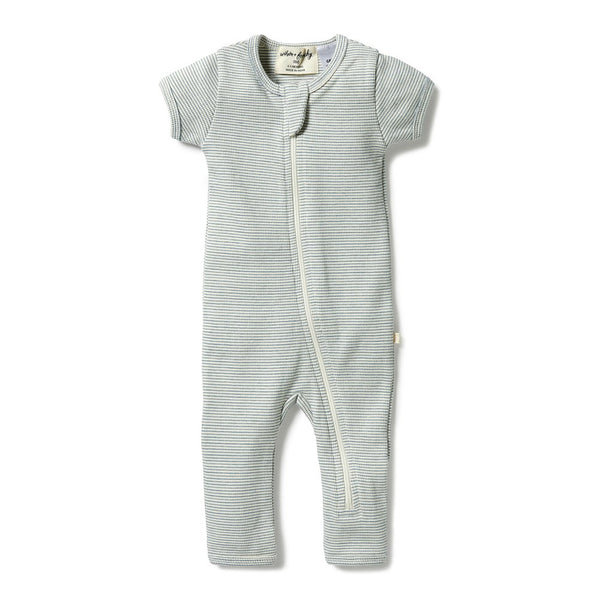 Wilson+Frenchy Organic Cotton Striped Short Sleeve Zipsuit - Bluestone (3-6 Months, 6-8 Kg)