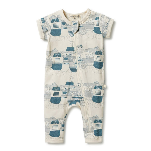 Wilson+Frenchy Organic Cotton Short Sleeve Zipsuit - Little Tug Boat (3-6 Months, 6-8 Kg)