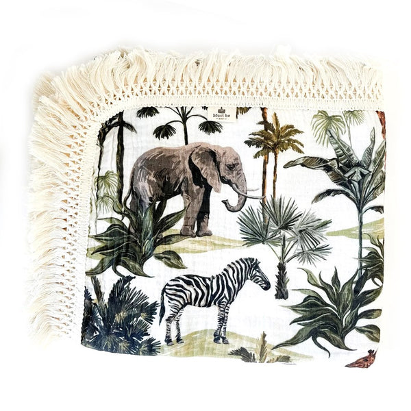 Must Be Baby Organic Cotton Muslin Blanket with Fringes - Safari