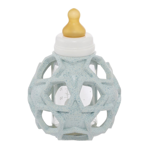 Hevea 2-in-1 Glass Baby Bottle with Upcycled Rubber Star Ball Cover - Blue (4 oz)