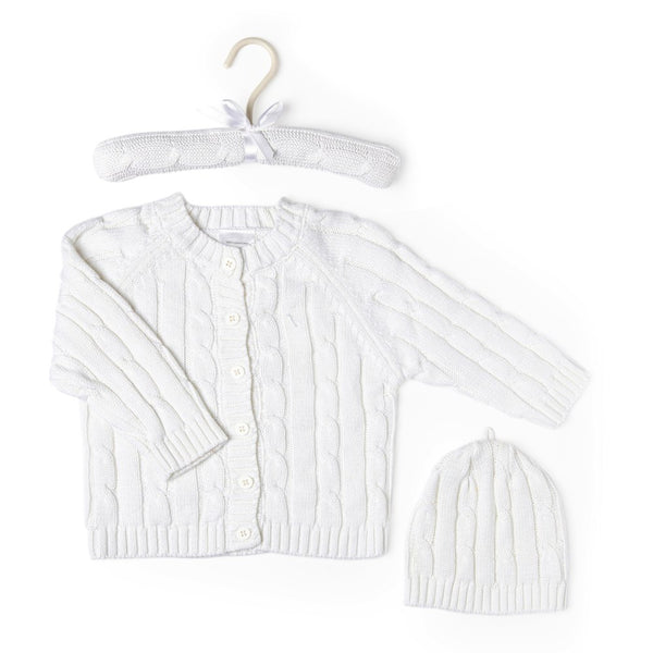 Baby Mode Signature 2-Piece Knit Cardigan and Hat Hanging Set - White (0-3 Months)