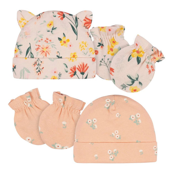 Gerber Childrenswear 4-Piece Baby Caps & Mittens Set - Wildflower (0-6 Months)