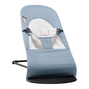 BabyBjorn Bouncer Bliss Balance in Soft Woven/Jersey Blend Fabric Blue Gray on Black Frame