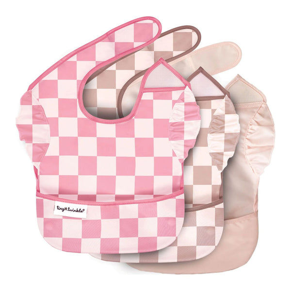 Tiny Twinkle 3-Pack Mess-Proof Easy Bibs Set - Pink/Brown Checkers/Solid Pink