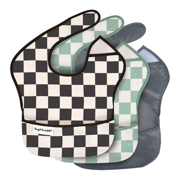 Tiny Twinkle 3-Pack Mess-Proof Easy Bibs Set - Black/Sage Checkers/Solid Charcoal
