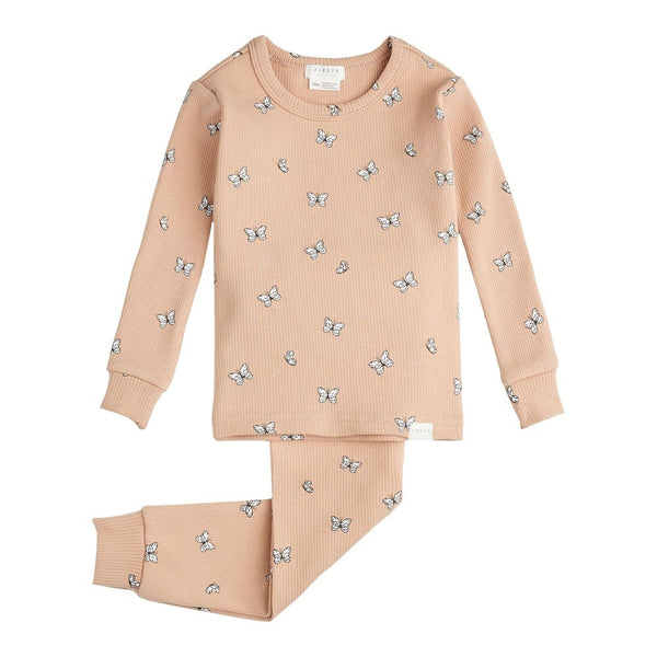 Petit Lem 2-Piece Organic Cotton Ribbed Pajama Set in Rose Butterfly Print