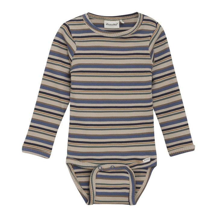 Minymo Long-Sleeve Rib Bodysuit - China Blue Stripes 12 Months