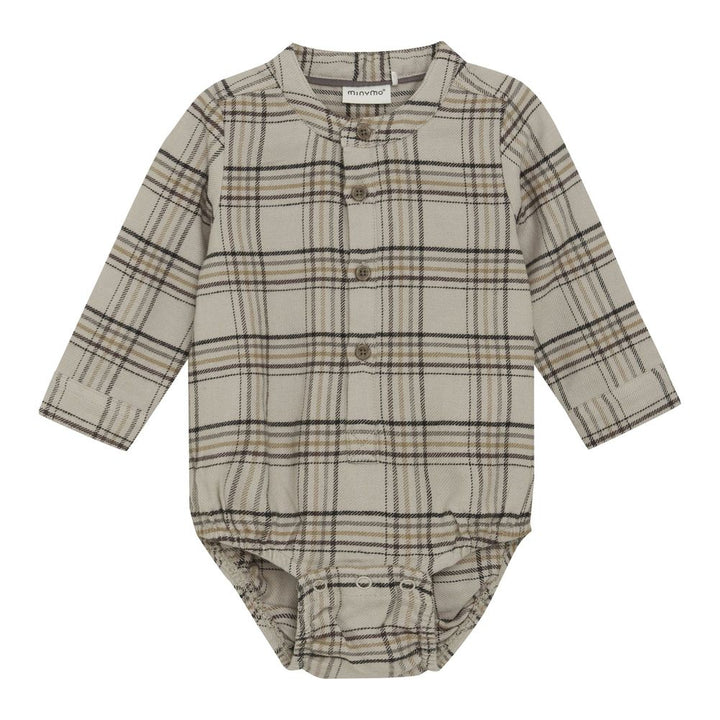 Minymo Long-Sleeve Checkered Bodysuit - Oxford Tan Newborn