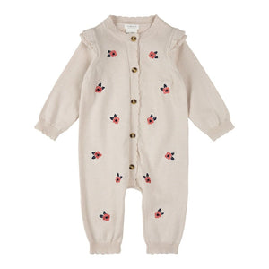 Petit Lem Organic Cotton Knitted Playsuit in Poppy Print on Beige 3-6 Months