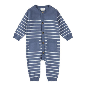 Petit Lem Organic Cotton Knitted Playsuit in Striped Denim Blue 3-6 Months